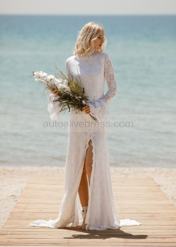 Long Bell Sleeves Ivory Lace Slit Stunning Wedding Dress